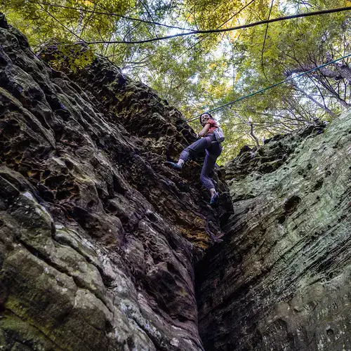 Climbing_female_topped-out_fall-trees_sq Female guest reaching the top of a climb, smiling.