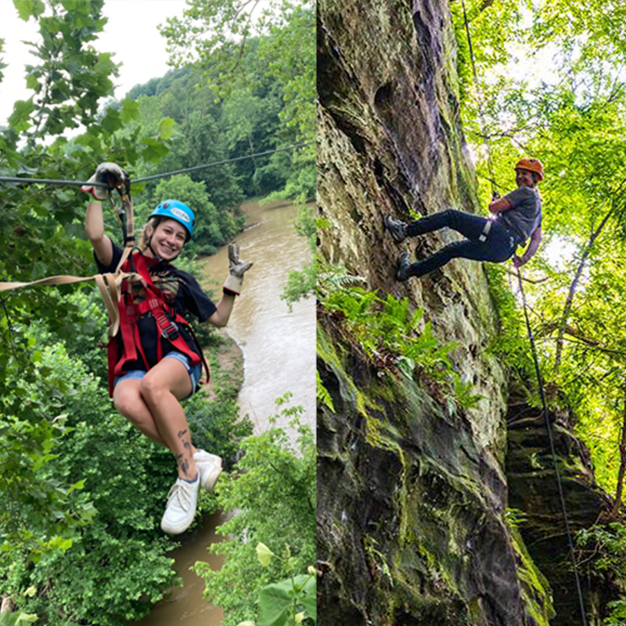 Photos of a person zip lining and a person rappelling